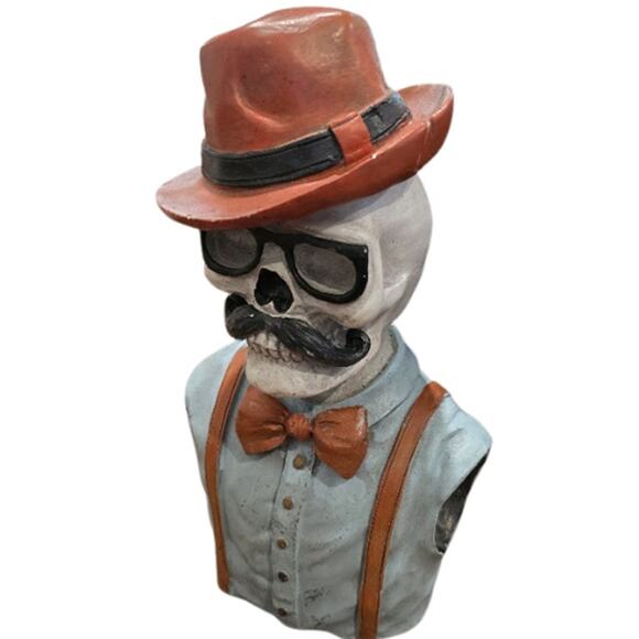 Maisey Mae Hipster Skeleton Bartender Bust Mustache, Bow & Fedora (Large) - Picture 2 of 4